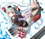  &gt;:) 1girl amatsukaze_(kantai_collection) arched_back brown_dress choker dress garter_straps gloves hair_tubes highres kantai_collection lifebuoy long_hair long_sleeves looking_at_viewer machinery o_o open_hand red_legwear rensouhou-kun sailor_collar sailor_dress sho_(runatic_moon) short_dress silver_hair single_glove smile solid_circle_eyes striped striped_legwear thigh-highs torpedo turret two_side_up water white_gloves windsock yellow_eyes 