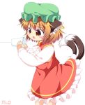  1girl animal_ears brown_eyes brown_hair cat_ears cat_tail chen commentary_request fang green_hat hat jewelry long_sleeves mob_cap multiple_tails nekomata open_mouth pila-pela short_hair single_earring solo string_phone tail touhou two_tails 