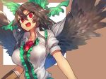  1girl :d arm_cannon bird_wings black_hair black_wings bow breasts cape commentary_request fang frills hair_between_eyes hair_bow highres large_breasts long_hair looking_at_viewer open_mouth red_eyes reiuji_utsuho short_sleeves smile solo temmasa22 third_eye touhou upper_body weapon wings 