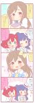  3girls 4koma blue_eyes blue_hair blush bow bowtie brown_eyes brown_hair clenched_hand comic emphasis_lines hair_bow hat kimi_no_kokoro_wa_kagayaiteru_kai? kunikida_hanamaru kurosawa_ruby love_live! love_live!_sunshine!! multiple_girls necktie one_side_up redhead school_uniform serafuku smile translated tsushima_yoshiko two_side_up ususa70 violet_eyes 