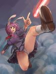  1girl action animal_ears blazer blue_skirt breasts brown_shoes chanta_(ayatakaoisii) collared_shirt energy_beam finger_gun firing foreshortening full_body highres jacket large_breasts legs long_hair looking_afar looking_up necktie outstretched_arm panties pantyshot purple_hair rabbit_ears red_eyes red_necktie reisen_udongein_inaba shirt shoes sidelocks skirt smoke solo sweatdrop teeth thighs tongue touhou underwear white_legwear white_shirt 