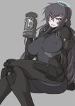  1girl arm_behind_back beatrix_bremer black_hair blush bodysuit breasts commentary_request covered_nipples east_german_flag foam german_flag halo knees_together_feet_apart large_breasts long_hair looking_at_viewer mikoyan muvluv red_eyes schwarzesmarken sitting skin_tight smile solo tankard white_skin 