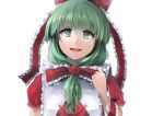  1girl arm_ribbon bow front_ponytail green_eyes green_hair hair_bow head_tilt ichiba_youichi kagiyama_hina long_hair looking_at_viewer open_mouth portrait puffy_short_sleeves puffy_sleeves ribbon short_sleeves smile solo touhou 