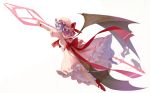 1girl ascot bat_wings bow commentary_request dress fami_(yellow_skies) frilled_shirt frilled_shirt_collar frilled_sleeves frills hat hat_ribbon lavender_hair mary_janes mob_cap pink_dress profile puffy_short_sleeves puffy_sleeves red_bow red_eyes red_ribbon remilia_scarlet ribbon sash shirt shoes short_hair short_sleeves skirt skirt_set solo spear_the_gungnir touhou wings wrist_cuffs 