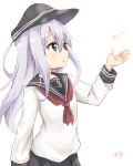  1girl :o amano_kouki anchor_symbol black_skirt blue_eyes flat_cap hair_between_eyes hat hibiki_(kantai_collection) highres kantai_collection long_hair long_sleeves neckerchief open_hand open_mouth petals school_uniform serafuku silver_hair simple_background skirt solo white_background wind 