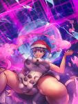  1girl blob blue_eyes blue_hair book breasts commentary_request doremy_sweet dress dutch_angle foreshortening grey_skirt hat highres large_breasts looking_at_viewer nightcap pom_pom_(clothes) short_hair short_sleeves skirt smile solo spread_legs tail temmasa22 touhou 