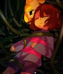  :o androgynous blush brown_hair closed_eyes flower flowey_(undertale) frisk_(undertale) funkitty long_sleeves monster parted_lips plant restrained shirt short_hair shorts striped striped_shirt thorns undertale vines 