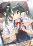  1boy 1girl apron artist_name belt black_hair blush bow bowtie carrot commentary cooking dish eyebrows eyebrows_visible_through_hair food green_eyes green_hair hair_between_eyes hair_ornament hair_ribbon hidden_eyes hino_(2nd_life) holding holding_food holding_hand holding_knife kantai_collection knife long_hair open_mouth red_bow red_bowtie ribbon school_uniform shaded_face shirt short_hair sidelocks solo_focus sweat sweatdrop twintails twitter_username vegetable white_ribbon zuikaku_(kantai_collection) 