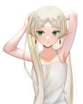  1girl absurdres adjusting_hair arm_behind_head armpits bangs blonde_hair breasts camisole collarbone earrings elf eyebrows_behind_hair frieren green_eyes highres jewelry long_hair looking_to_the_side parted_bangs pointy_ears side_ponytail small_breasts solo sousou_no_frieren tachibana_(pixiv73704651) upper_body very_long_hair white_background white_camisole white_hair 