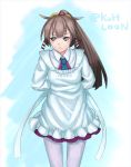  1girl arms_behind_back blue_eyes blue_necktie blush brown_hair commentary_request gakky-cf hair_ribbon irako_(kantai_collection) irako_(kantai_collection)_(cosplay) kantai_collection kappougi kazagumo_(kantai_collection) long_hair necktie pantyhose ponytail ribbon solo twitter_username 