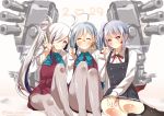  3girls ahoge asashimo_(kantai_collection) belt black_eyes blue_hair bow bowtie cannon closed_eyes dated dirty dirty_face dress grey_hair grey_legwear grin hair_over_one_eye hair_ribbon hand_on_leg juurouta kantai_collection kasumi_(kantai_collection) kiyoshimo_(kantai_collection) kneehighs long_hair long_sleeves looking_at_viewer low_twintails machinery multicolored_hair multiple_girls pantyhose ponytail purple_hair purple_legwear remodel_(kantai_collection) ribbon school_uniform side_ponytail silver_hair sitting sleeveless sleeveless_dress smile soot suspenders twintails twitter_username v white_blouse yokozuwari 