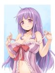  1girl babydoll blue_background blush breasts cleavage highres long_hair looking_at_viewer midriff navel no_hat off_shoulder oukatihiro panties patchouli_knowledge purple_hair ribbon simple_background sleeveless solo striped touhou underwear upper_body violet_eyes 