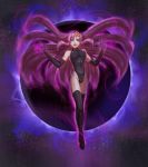  1girl absurdres blue_eyes breasts commentary_request corruption dark_persona elbow_gloves fate_(series) gloves gundam gundam_seed hair_ornament highres lacus_clyne leebigtree leotard long_hair pink_hair smile solo thigh-highs 