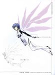  1girl artist_name ayanami_rei bangs blue_hair bodysuit bracer clenched_hands concept_art copyright_name flying fukano_youichi full_body gloves hair_between_eyes hair_ornament headgear highres leaning_forward long_legs looking_at_viewer looking_back neon_genesis_evangelion number official_art page_number pale_skin parted_lips pilot_suit plugsuit red_eyes short_hair simple_background skin_tight skinny small_breasts solo turtleneck white_background white_wings wings 
