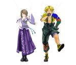 1boy 1girl blonde_hair breasts brown_hair detached_sleeves final_fantasy final_fantasy_x hair_ornament hakama japanese_clothes jewelry short_hair simple_background tidus white_background yomugi yuna_(ff10) 