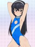  1girl armpits arms_behind_head black_hair brown_eyes casual_one-piece_swimsuit cleavage_cutout flat_chest girls_und_panzer hairband highleg highleg_swimsuit highres kagemusha one-piece_swimsuit reizei_mako standing swimsuit 
