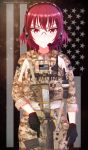  1girl america aor1_(camo) assault_rifle camouflage eotech glasses gloves gun headset highres m4_carbine mikhail_n military military_uniform mole mole_under_eye original purple_hair red_eyes rifle short_hair solo uniform us_navy weapon 