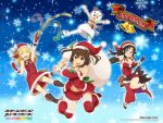  4girls :3 ^_^ artist_request bell black_eyes black_hair blush boots breasts brown_eyes christmas closed_eyes company_name copyright_name fang gloves hair_down hat highres hinomiya_niho kobayashi_gen long_hair merry_christmas multiple_girls official_art one_eye_closed open_mouth party_popper red_gloves ribbon sack sakamiya_hotaru santa_costume santa_hat school_girl_strikers short_hair smile snow snowflakes snowman_costume takamine_ako tanaka_sachiko thigh-highs twintails wallpaper wavy_mouth 