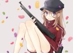  1girl :d ass bangs black_hat blurry blurry_foreground brown_background brown_hair commentary_request convenient_leg depth_of_field eyebrows_visible_through_hair feet_out_of_frame fingernails flat_cap gun hachimitsu_honey hair_between_eyes hat highres holding holding_gun holding_weapon jacket long_hair long_sleeves looking_at_viewer nail_polish open_mouth original pink_nails red_jacket simple_background sitting smile solo track_jacket violet_eyes weapon weapon_request zipper_pull_tab 