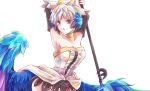  1girl armpits arms_up breasts brown_eyes choker cleavage crown detached_sleeves dress gwendolyn highres low_wings odin_sphere polearm rito_(ritostyle) short_hair showgirl_skirt silver_hair solo spear strapless strapless_dress very_short_hair weapon white_background wings 