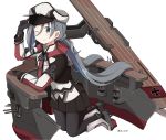  1girl black_legwear blue_hair cannon capelet commentary_request cosplay flight_deck gloves graf_zeppelin_(kantai_collection) graf_zeppelin_(kantai_collection)_(cosplay) grey_eyes grey_hair hand_on_headwear hat highres iron_cross jacket kantai_collection kiyoshimo_(kantai_collection) kneeling looking_at_viewer low_twintails machinery miniskirt multicolored_hair necktie one_eye_closed pantyhose peaked_cap riz_(ravel_dc) skirt smile solo twintails twitter_username 