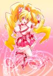  1girl \m/ blonde_hair boots bow breasts choker cleavage cure_peach earrings fresh_precure! full_body hair_ornament hand_on_hip heart heart_earrings heart_hair_ornament jewelry knee_boots long_hair magical_girl marimo_(yousei_ranbu) medium_breasts momozono_love pink_bow pink_eyes precure smile solo twintails very_long_hair wrist_cuffs 