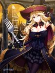  1girl black_gloves black_legwear blonde_hair bracelet breasts cape cleavage dress elbow_gloves fork gloves hand_on_headwear hat jewelry large_breasts long_hair looking_at_viewer original oversized_object red_eyes smile solo strapless torigoe_takumi twitter_username witch_hat 