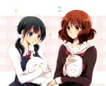  2girls bird black_hair blue_eyes brown_eyes brown_hair company_connection crossover dera_mochimazzui hibike!_euphonium kitashirakawa_tamako long_hair low_twintails multiple_girls oumae_kumiko sae_(renkyuuake) school_uniform short_hair stuffed_toy tamako_market tuba-kun twintails 