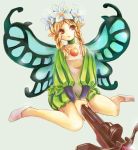  1girl blonde_hair bow_(weapon) braid butterfly_wings choker crossbow fairy flat_chest flats flower full_body hair_flower hair_ornament highres long_sleeves mercedes odin_sphere pointy_ears puffy_long_sleeves puffy_sleeves red_eyes rito_(ritostyle) sitting smile solo twin_braids wariza weapon wings 