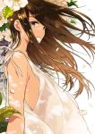  1girl breasts brown_hair floating_hair from_side kurokeisin leaf long_hair looking_at_viewer mouth_hold original petals plante see-through see-through_silhouette sideboob sleeveless solo upper_body violet_eyes white_background white_flower wind 