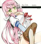  1girl akashi_(kantai_collection) breasts green_eyes hair_ribbon kantai_collection long_hair long_sleeves looking_at_viewer no_pants panties parune_chigetsu pink_hair ribbon school_uniform serafuku side-tie_panties solo traditional_media tress_ribbon underwear white_panties 