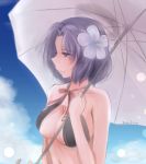  1girl bare_shoulders bikini black_bikini blue_sky breasts cleavage flower hair_flower hair_ornament hina_(bird_salty) kantai_collection large_breasts looking_to_the_side mole mole_under_eye outdoors over_shoulder parasol purple_hair sky solo swimsuit tatsuta_(kantai_collection) umbrella upper_body violet_eyes 