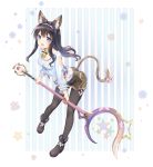  1girl animal_ears bell bell_collar black_hair blue_eyes bow collar long_hair original pantyhose ribbon sayika smile solo staff star tail tail_bow tail_ribbon 