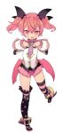  1girl absurdres blade_(galaxist) blush demon_girl emelia_pris full_body hands_on_own_chest highres long_hair long_sleeves looking_at_viewer low_wings mismatched_legwear official_art open_mouth pink_eyes pink_hair pink_legwear pleated_skirt pointy_ears pop-up_story short_hair short_twintails simple_background skirt sleeve_cuffs smile solo star_print striped striped_legwear thigh-highs transparent_background twintails wings 
