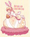  1girl animal_ears blonde_hair blouse blush bow bunny_tail drill_hair easter easter_egg egg fake_animal_ears flower hair_bow hairband high_heels looking_at_viewer lying mahou_shoujo_madoka_magica on_stomach pantyhose po_ni puffy_sleeves rabbit_ears shirt shoes skirt smile solo soul_gem striped striped_skirt tail tomoe_mami twin_drills white_legwear white_shirt white_shoes wrist_cuffs yellow_eyes 
