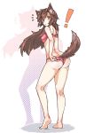  ! 1girl adjusting_clothes adjusting_panties animal_ears ass barefoot bra brown_hair from_behind full_body imaizumi_kagerou long_hair looking_at_viewer looking_back ototobe panties red_bra red_eyes red_panties solo standing tail touhou underwear underwear_only wolf_ears wolf_tail 