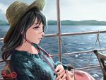  1girl artist_name bag black_hair boat chair commentary dated hat highres hill lips long_hair open_mouth original profile railing rope shamakho sitting sky solo straw_hat upper_body violet_eyes water wind 
