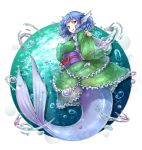  1girl air_bubble blue_eyes blue_hair breasts frills full_body head_fins highres japanese_clothes kimono looking_at_viewer mermaid monster_girl obi ototobe sash simple_background sleeves_past_wrists solo touhou wakasagihime water white_background wide_sleeves 
