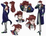  1boy absurdres character_sheet coat earrings glasses heart highres huge_filesize incredibly_absurdres jewelry jojo_no_kimyou_na_bouken kakyouin_noriaki lady-jotaro long_hair male_focus parody ponytail redhead scar scar_across_eye shoulder_blades style_parody violet_eyes what_if 