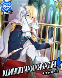  1boy adapted_costume blonde_hair blue_eyes boots card_(medium) character_name cinderella_girls_card_parody epaulettes gloves hako_(pixiv267059) hood idolmaster idolmaster_cinderella_girls male_focus sitting solo stained_glass touken_ranbu white_gloves yamanbagiri_kunihiro 