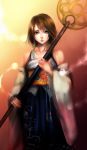  1girl breasts brown_hair detached_sleeves final_fantasy final_fantasy_x hair_ornament hakama japanese_clothes jewelry sasaki_ryou short_hair simple_background solo staff wand yuna_(ff10) 