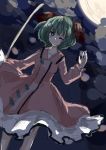  1girl absurdres broom clouds cloudy_sky commentary dress dutch_angle green_eyes green_hair hand_up highres holding_broom kagari6496 kasodani_kyouko moon moonlight night one_eye_closed pink_dress sketch sky solo touhou 