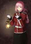  1girl bangs belt black_skirt braid buttons epaulettes fate/grand_order fate_(series) florence_nightingale_(fate/grand_order) gloves hand_on_own_chest highres holding lantern looking_at_viewer mandarin_collar military military_uniform pink_eyes pink_hair pleated_skirt sam_browne_belt shiori_(1095951) single_braid skirt sleeve_cuffs solo tied_hair uniform white_gloves 