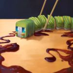  blue_eyes caterpillar charjabug chopsticks food highres no_humans pokemon pokemon_(creature) pokemon_(game) pokemon_sm presteasy sauce solo sushi 