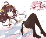  1girl 36do5fun ahoge bare_shoulders blue_eyes brown_hair detached_sleeves headgear japanese_clothes kantai_collection kongou_(kantai_collection) long_hair looking_at_viewer nontraditional_miko open_mouth petals sitting skirt solo 