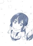  1girl antenna_hair black_hair blush child gauntlets holding_hands katori_(pso2) long_hair looking_at_viewer mole mole_under_eye monochrome out_of_frame phantasy_star phantasy_star_online_2 pointy_ears shimotsuki_iko snow solo_focus white_background 