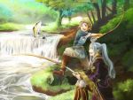  1boy 1girl commentary_request donny_(fire_emblem) fire_emblem fire_emblem:_kakusei fish fishing fishing_rod long_hair my_unit_(fire_emblem:_kakusei) open_mouth otoka_hisagi pot river short_hair sitting smile twintails white_hair 