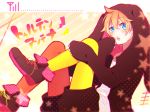  1boy asagao_minoru blonde_hair blue_eyes capelet denpa kagamine_len looking_at_viewer male_focus mismatched_legwear open_mouth pantyhose solo toluthin_antenna_(vocaloid) vocaloid 