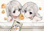  1other 2girls bathing blurry bubble depth_of_field grey_hair hisakawa_hayate hisakawa_nagi idolmaster idolmaster_cinderella_girls long_hair looking_at_viewer multiple_girls pale_skin partially_submerged phone pov rubber_duck shared_bathing siblings sisters taking_picture twins wet wwwrkgk 