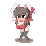  1girl anger_vein angry animal_ears black_legwear blush bow breasts brown_eyes brown_hair bunny_girl bunnysuit chibi covered_nipples d:&lt; hair_bow hair_tubes hakurei_reimu high_heels large_bow large_breasts leotard long_hair moyashi_udon pigeon-toed puffy_nipples rabbit_ears red_bow solo steam thigh-highs touhou tsurime v_arms 